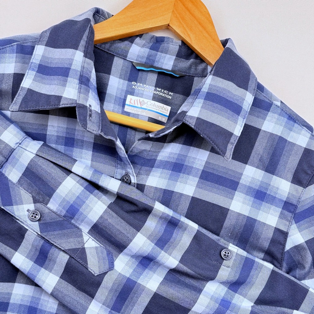 Columbia Plaid Button Down Women Medium Blue Omni-Wick Hiking Gorpcore Cabin